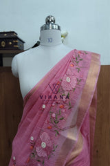 Pink Kota Doria Organza Silk Sareee