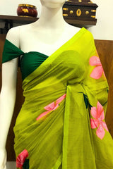 Lime Green Mul Mul Cotton Saree with Pink Floral Designs