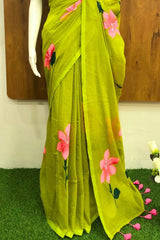 Lime Green Mul Mul Cotton Saree with Pink Floral Designs