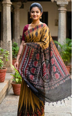 Mustard Yellow Sambalpuri Cotton Saree