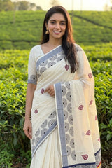Traditional Kerala Cotton Set Saree with Mandala Patterns and Vibrant Leaf Motifs