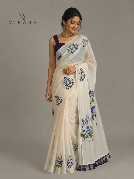 Kerala Saree Violet Color Lotus Print-VS365