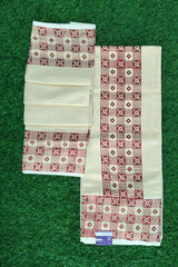 Traditional Kerala Tissue Set Mundu with Intricate Maroon and Brown Geometric Patterns