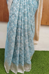 Light Blue Cotton Linen Saree