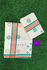 Tradition Cotton Set mundu with Green and Pink Floral Designs