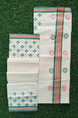 Tradition Cotton Set mundu with Green and Pink Floral Designs
