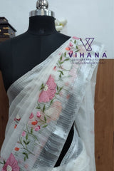 White Kota Doria Organza Silk Saree