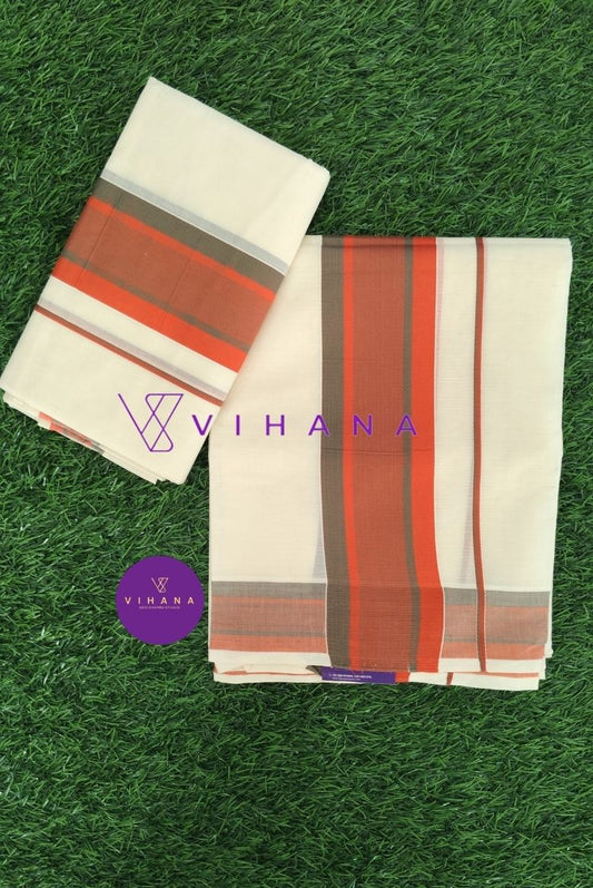 Traditional Cotton Set Mundu With Orange and Red Stripe Design Borders-VS294