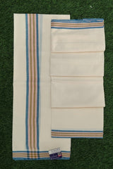 Pure Cotton Mulloth Set Mundu with Blue and Light Pink Border