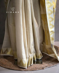 Kerala Premium Tissue Set Saree Jacquard Pecocok Print-VS364