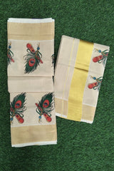 Peacock Feather and Flute Print Set Mundu with Classic Kasavu Elegance