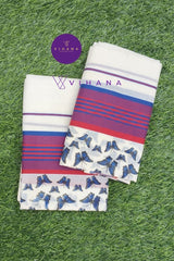 Traditional Kerala Attire Along Blue and Red Stripes with Butterfly Print Borders