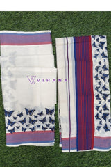 Traditional Kerala Attire Along Blue and Red Stripes with Butterfly Print Borders