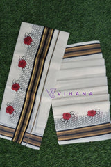 Kerala Cotton Set Mundu with Red Rose and Black Honey Comb Mesh Designs