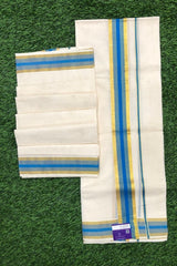 Premium Quality Handloom Kerala Set Mundu with Blue and Gold Kasavu Border