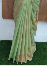Kanjivaram Inspired Parrot -Green Cotton Linen Saree