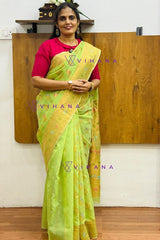 Kanjivaram Inspired Parrot -Green Cotton Linen Saree