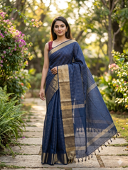 Navy Blue Kota Mini Check Mangalagiri Silk