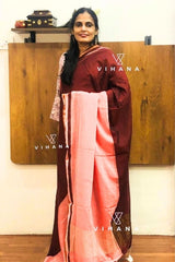 Peach and Brown Pure Mulcotton Saree120 count