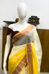 Pure 120 Count Half Dyed Off white and Yellow Mul Cotton Saree