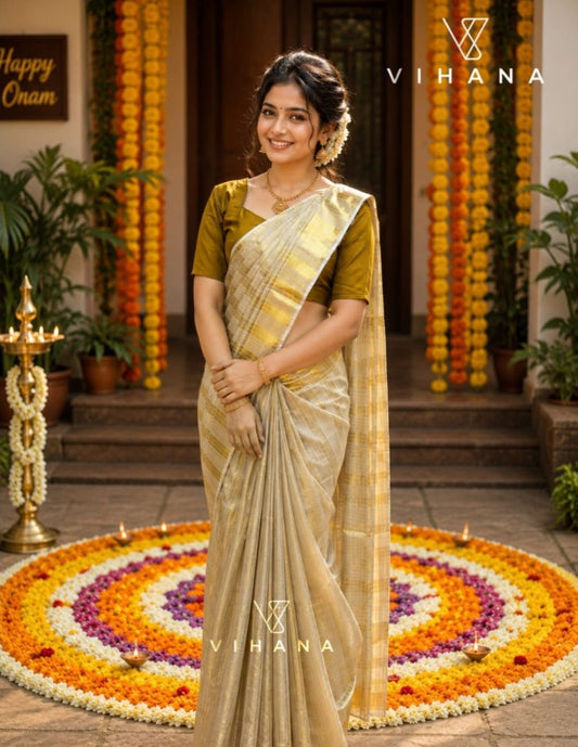 Golden Tissue Set Saree (2595) off White & Golden Color