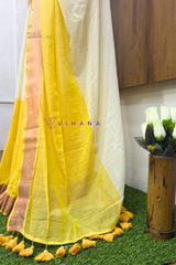 Pure 120 Count Half Dyed Off white and Yellow Mul Cotton Saree