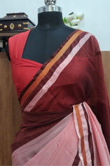 Peach and Brown Pure Mulcotton Saree120 count