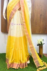 Pure 120 Count Half Dyed Off white and Yellow Mul Cotton Saree