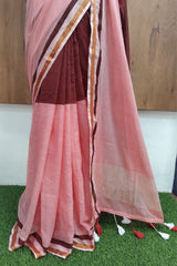 Peach and Brown Pure Mulcotton Saree120 count