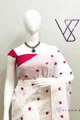 Pure Mul Cotton White Elegance with Sweet Pink Heart Embroidery