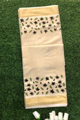 Kerala Golden Tissue Set Saree with Black Floral Motifs