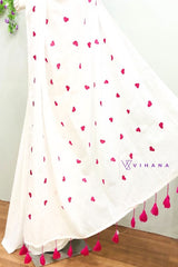 Pure Mul Cotton White Elegance with Sweet Pink Heart Embroidery