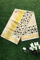 Kerala Golden Tissue Set Saree with Black Floral Motifs