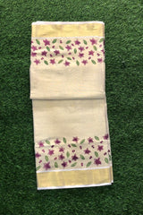 Kerala Golden Tissue Set Saree with Violet Floral Motifs