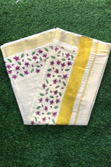 Kerala Golden Tissue Set Saree with Violet Floral Motifs