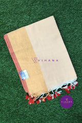 Cream Mul Cotton Saree with Contasting Golden and Red Borders