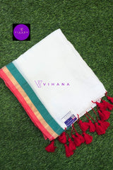 White Mul Cotton Saree with Teal and Gold Border