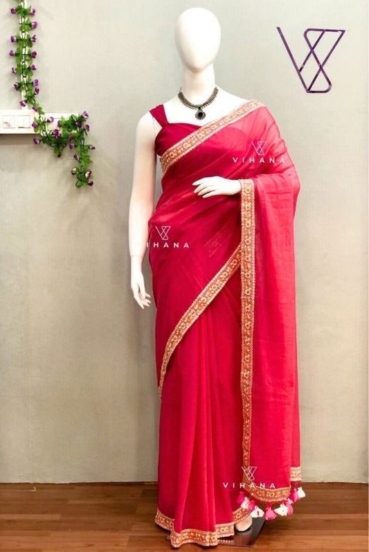 Pink Mul Cotton Saree with Embroidery Lace Work