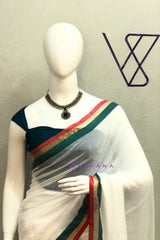 White Mul Cotton Saree with Teal and Gold Border