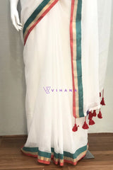 White Mul Cotton Saree with Teal and Gold Border