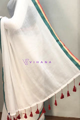 White Mul Cotton Saree with Teal and Gold Border