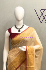 Cream Mul Cotton Saree with Contasting Golden and Red Borders