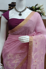Light Pink Linen Cotton Jamdhani Floral Weave Sareee