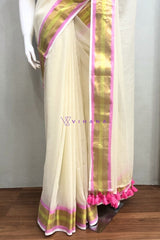 Off white Mul Cotton Saree with Pink and Golden Zari Stripe Borders