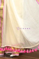 Off white Mul Cotton Saree with Pink and Golden Zari Stripe Borders