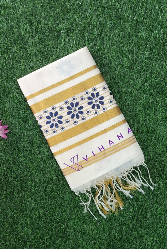 Elegant Off-White Cotton Set Saree with Golden Zari Border and Blue Floral Prints