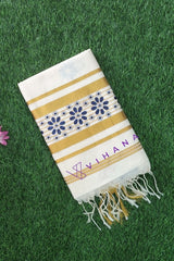 Elegant Off-White Cotton Set Saree with Golden Zari Border and Blue Floral Prints