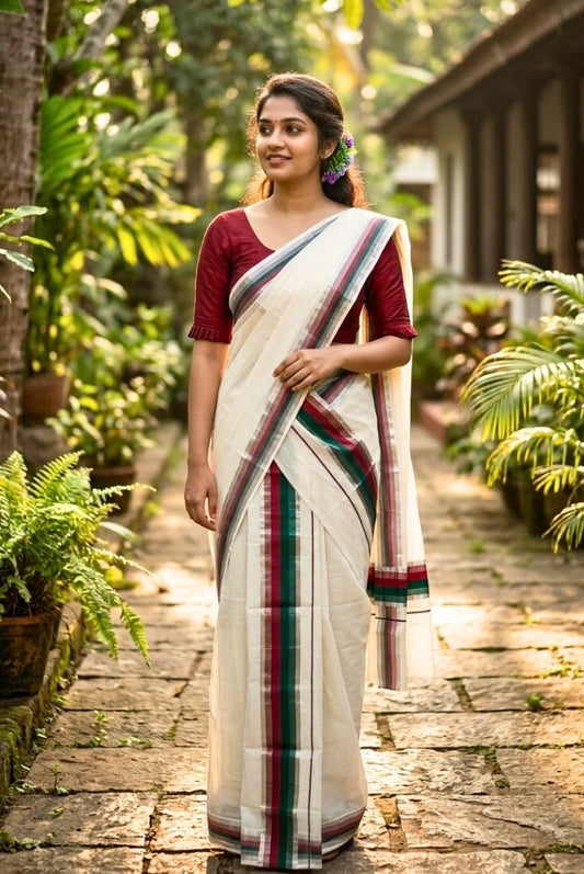 Kerala Cotton Set mundu with Maroon and Green Borders