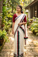 Kerala Cotton Set mundu with Maroon and Green Borders