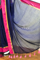 Elegant Blue Mul Cotton Saree with Pink and Golden Zari Borders